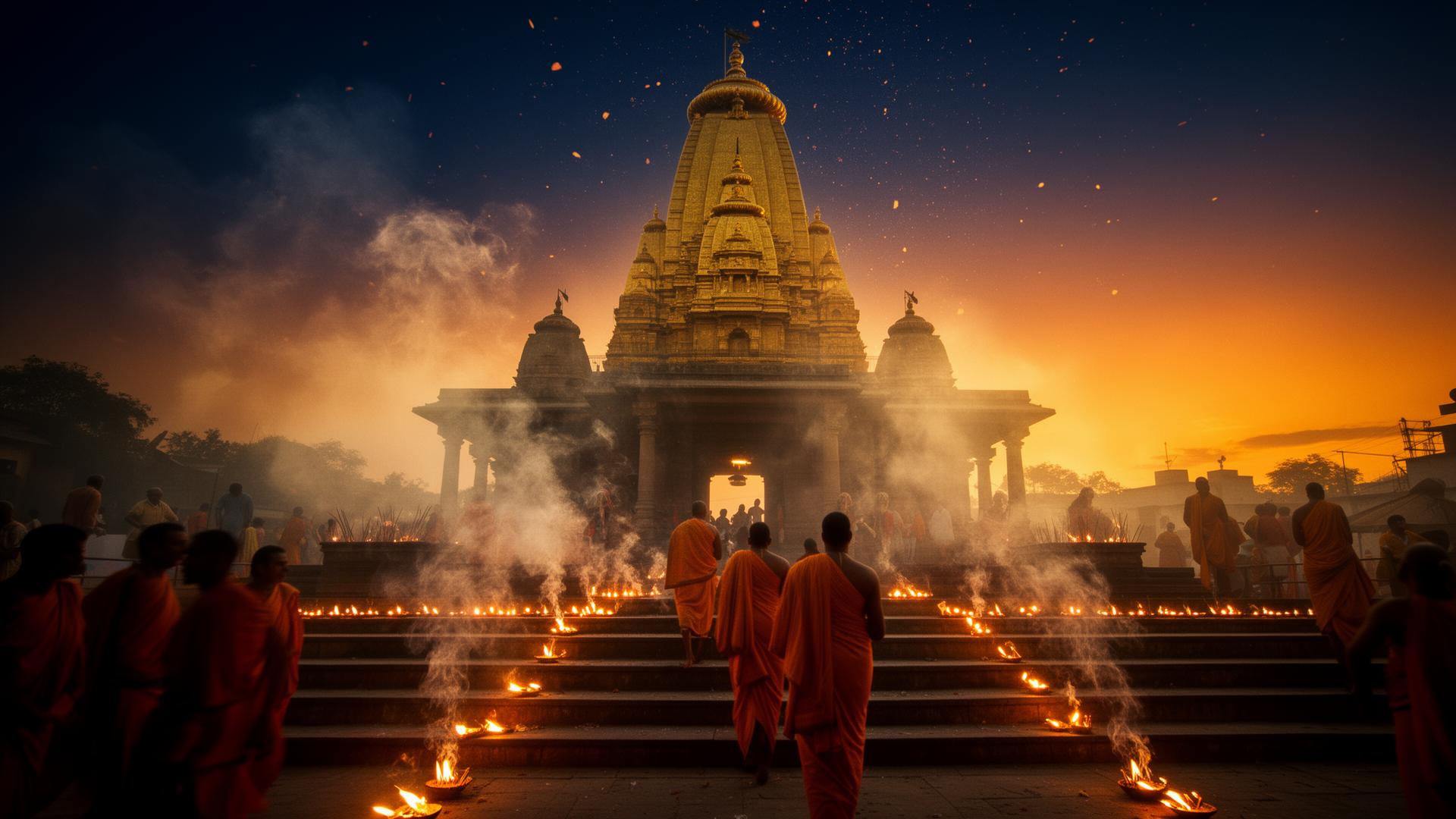 Mahakaleshwar Temple at sunrise with devotees and diyas